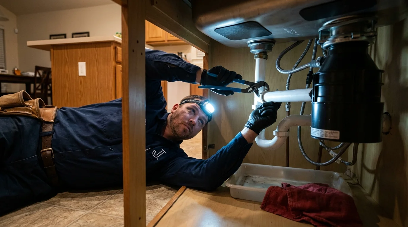 P-trap and supply line connections under a kitchen sink showing a common leak point in Dunbar, WV